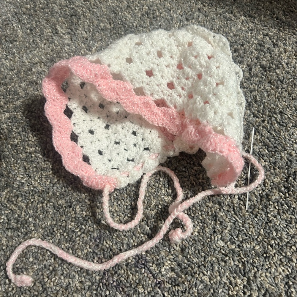 Handmade White and Pink Crochet Baby Bonnet